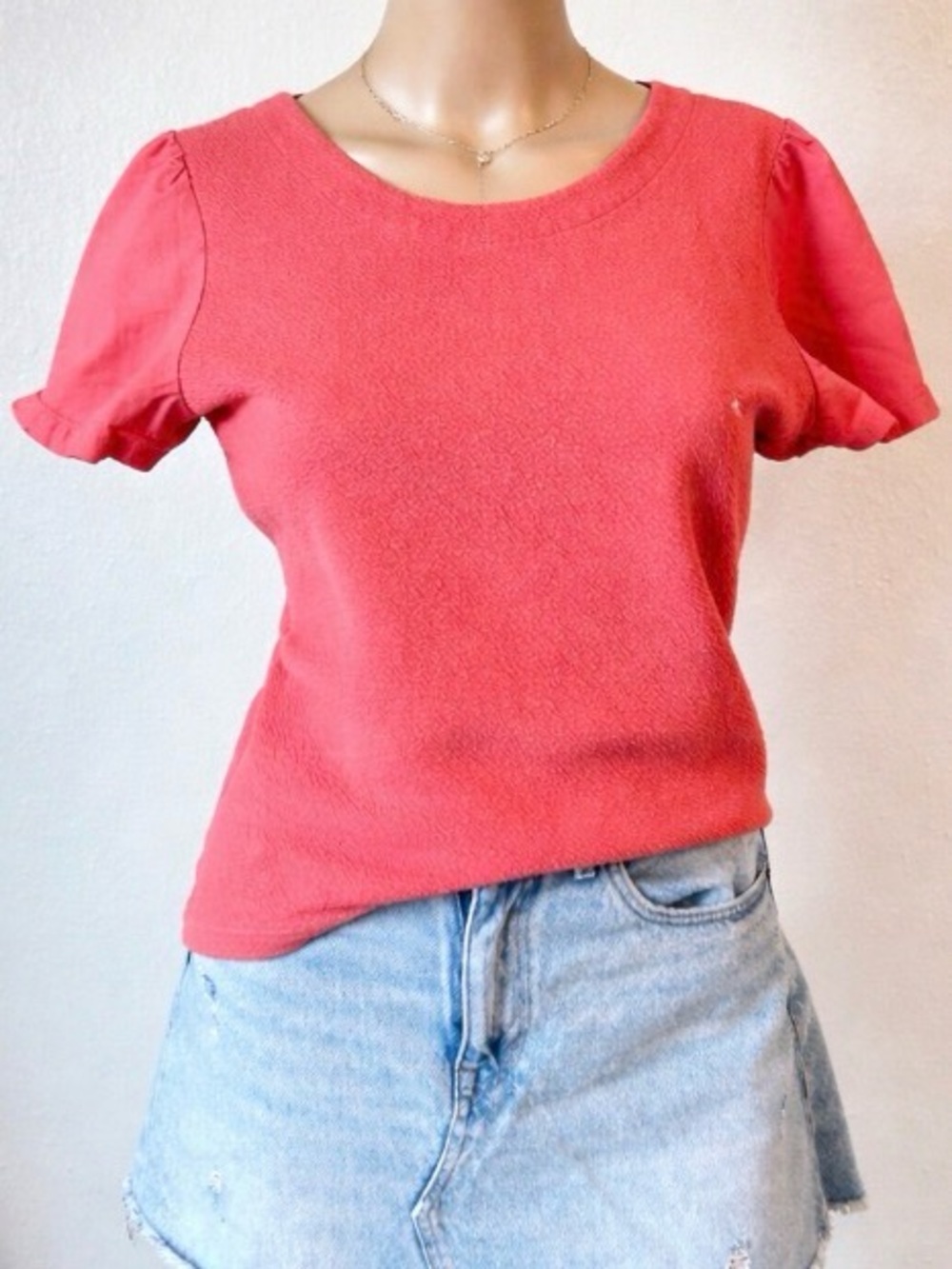 Anthropologie Coral Textured Knit Top Crisscross Back Short Sleeve Blouse - Picture 2 of 5
